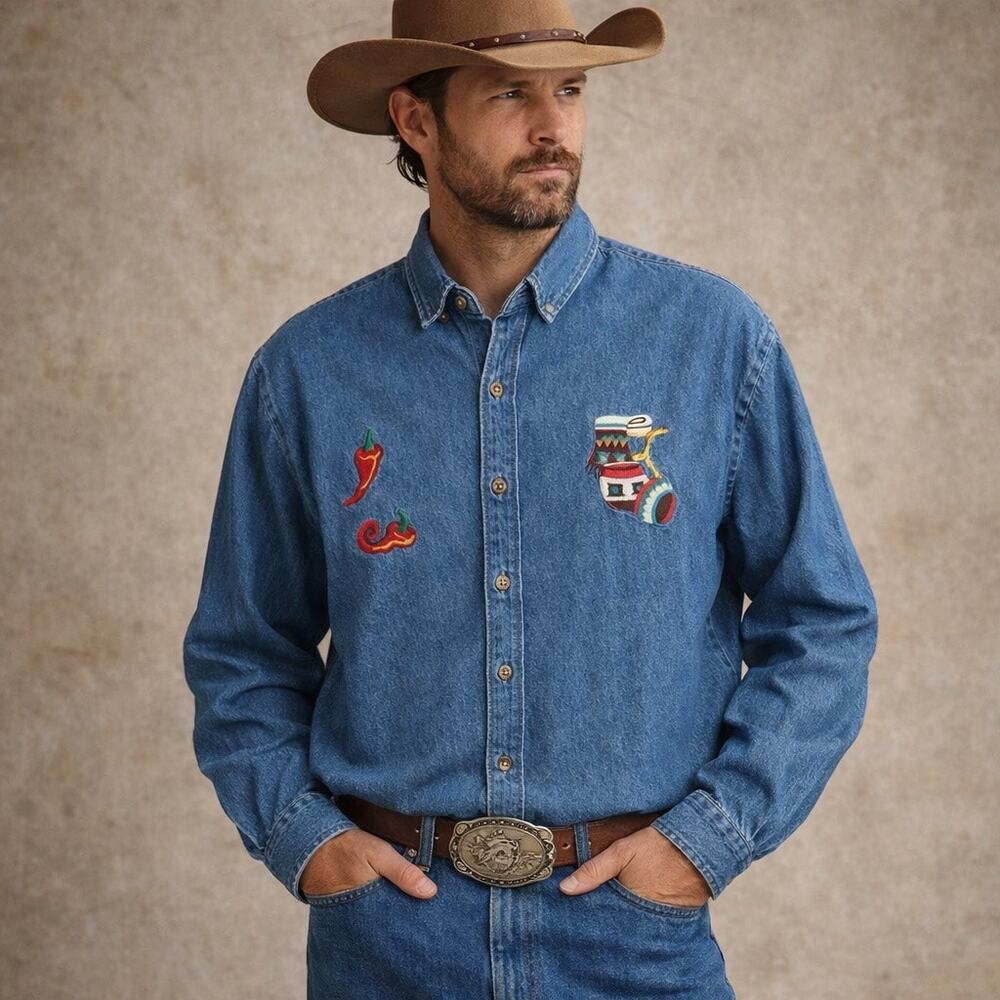 Vintage Denim Western Embroidered 90s Aztec Southwest Button Up Shirt Men’s Lg
